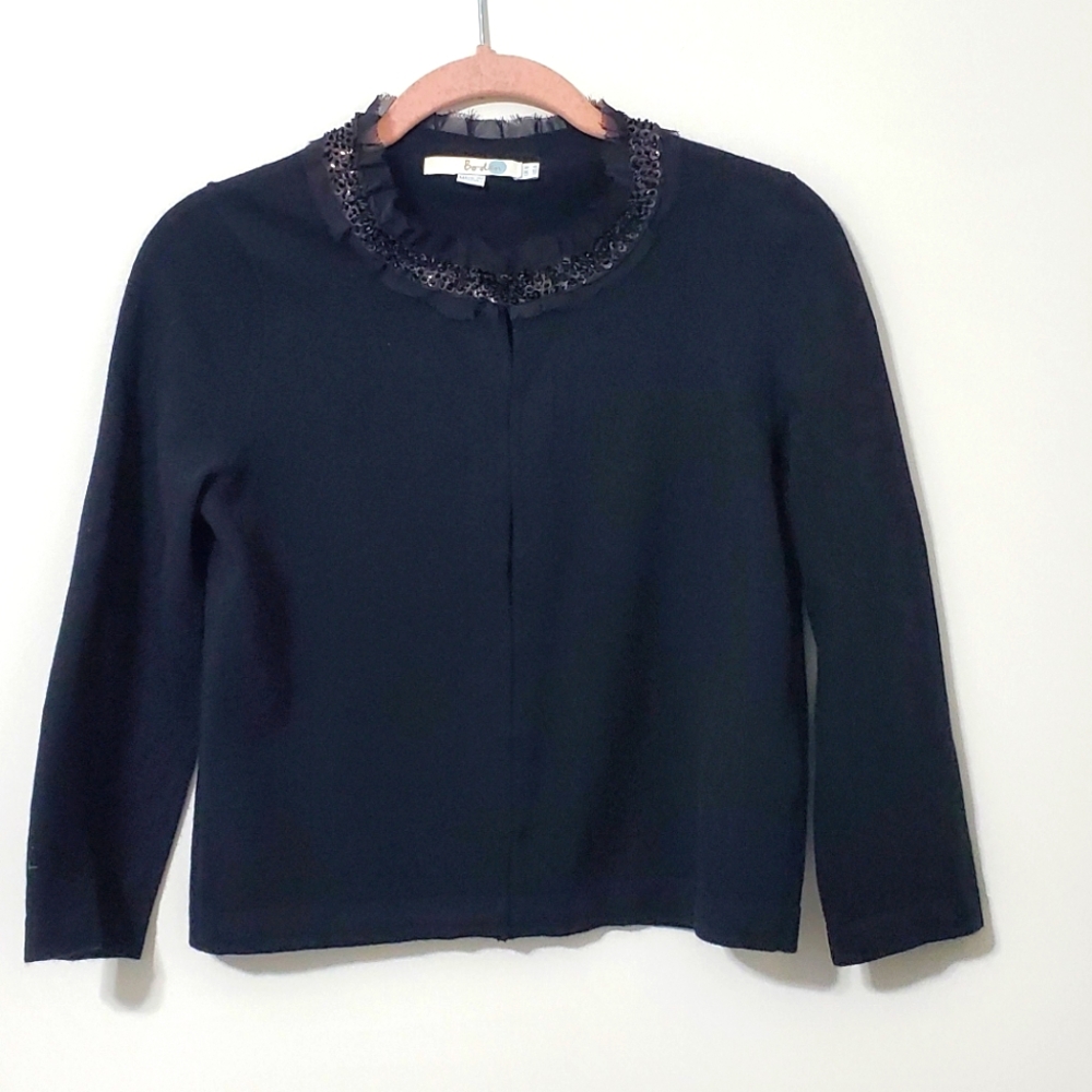 Boden Embellished Ruffle Collar Crop Cardigan Black Size 4